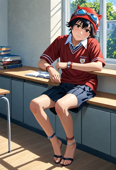 Highres, Masterpiece, High Quality, 4K, Yuusuke Fujisaki, 1boy, solo, black hair, school uniform, school, Realistic Light, candid photo, red hat, goggles, bracelet, anklet