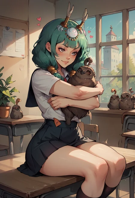 score_9, score_8_up, score_7_up,score_6_up,
source_anime,
artemisHades2, breasts, at school, schoolgirl uniform, hugging a bird, <lora:artemisHades2Pony:1> , class room, sitting on desk, hearts,