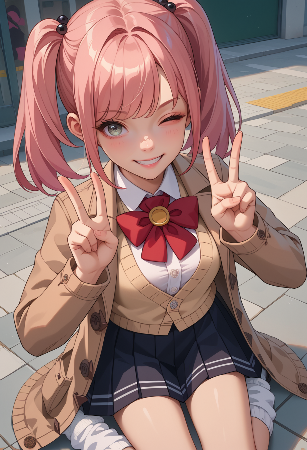 score_9, score_7_up, source_anime, BREAK  <lora:AEIda:0.7> AEIlda, grey eyes, long hair, pink hair, twintails, brown coat, cardigan, open coat, long sleeves, collared shirt, white shirt, red bowtie, black skirt, pleated skirt, loose socks, white socks, black footwear, loafers,
smile, wink, double v,  kneeling, from above,