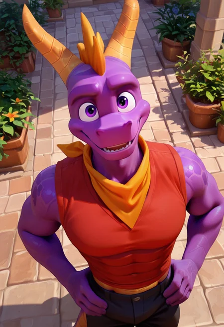 masterpiece, best quality, amazing quality, very aesthetic, absurdres, newest,  high quality, detailed, Spyro, 1boy, solo male, dragon, anthro, mature male, purple eyes, horns, slender build, purple skin, yellow underbelly, standing, pecs, abs, red neckerchief, red orange vest, black pants, half body, looking at viewer, smiling, outdoors, volumetric lighting, sunny, hands on hips, high angle, looking up, overhead, from above, garden, courtyard, Flatline, Flat vector illustration