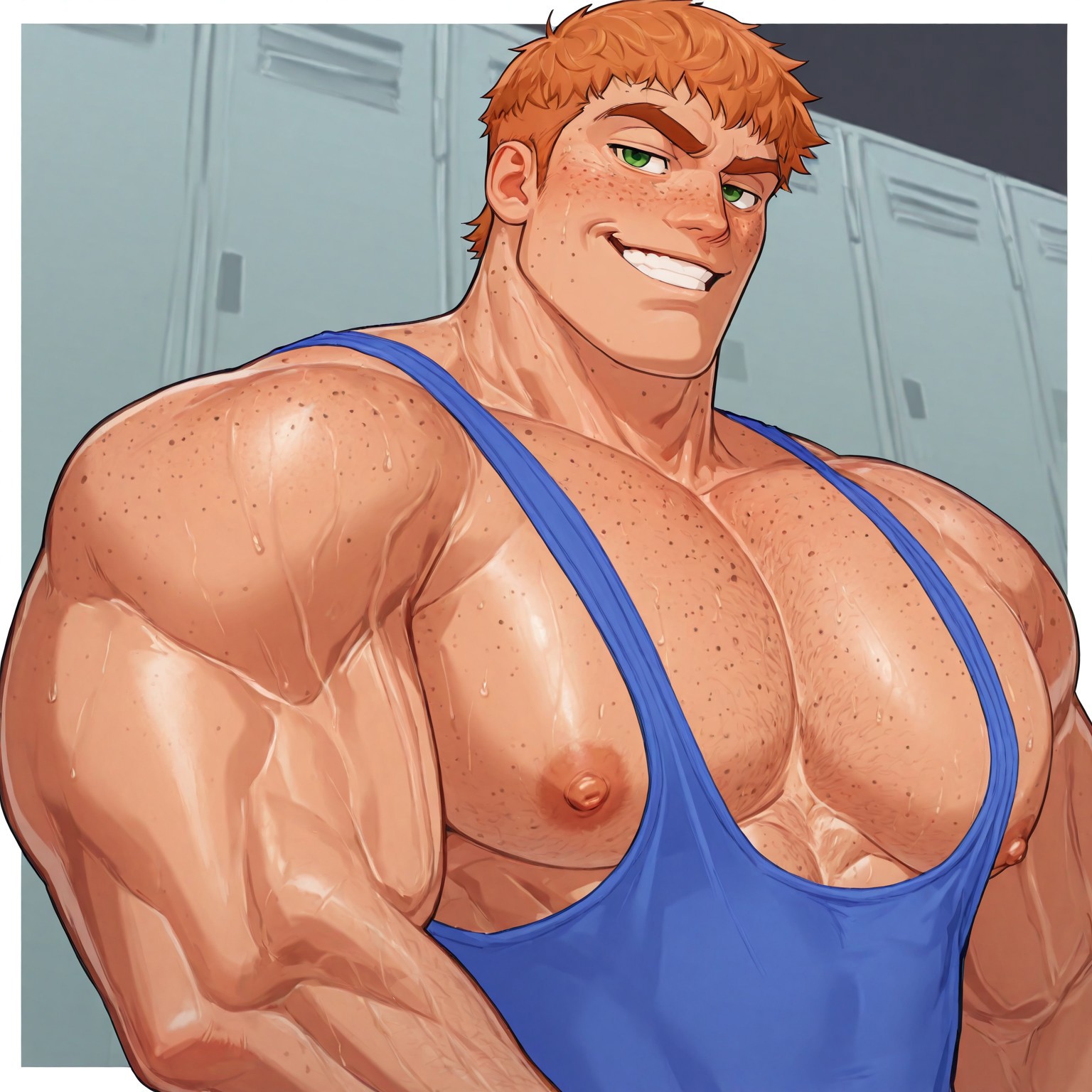 masterpiece, best quality, newest, absurdres, highres, white borders around characters, dim Light, dark soft light, locker, BREAK bara, muscular male, male focus, 1man, male focus, big pecs, nipples, 1boy, bodybuilder, ginger, young man, bully, short hait, hair bangs, no facial hair, no body hair, freckles, {{beefy}}, {{muscular}}, {{large}}, {{tall}}, teeth, shoulder angle, portrait, HD, detailed face, big shoulders, veiny neck, pecs, veiny arms, upper body focus, blue sweater, shaved face, wrestling singlet, blue singlet, cocky, arrogant, smirk, green eyes, thick eyebrows, portrait, face close up, closeup face