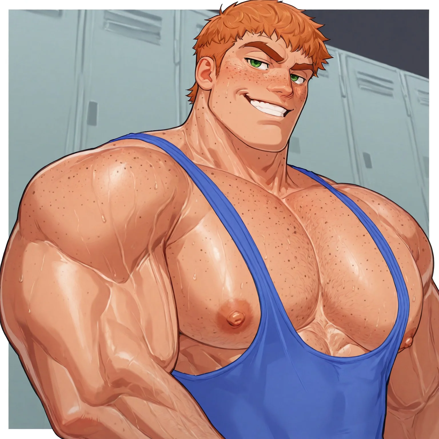 masterpiece, best quality, newest, absurdres, highres, white borders around characters, dim Light, dark soft light, locker, BREAK bara, muscular male, male focus, 1man, male focus, big pecs, nipples, 1boy, bodybuilder, ginger, young man, bully, short hait, hair bangs, no facial hair, no body hair, freckles, {{beefy}}, {{muscular}}, {{large}}, {{tall}}, teeth, shoulder angle, portrait, HD, detailed face, big shoulders, veiny neck, pecs, veiny arms, upper body focus, blue sweater, shaved face, wrestling singlet, blue singlet, cocky, arrogant, smirk, green eyes, thick eyebrows, portrait, face close up, closeup face