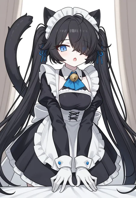 score_9, score_8_up, score_7_up, (Maid-kasli), solo, white gloves, dress, hair over one eye, maid apron, blue eyes, twintails, cat ears, maid headdress, maid, gloves, 1girl, apron, juliet sleeves, long sleeves, long hair, black hair, animal ears, bell, looking at viewer, open mouth, indoors, (white skin, pale skin), (((bending over, hands down)))