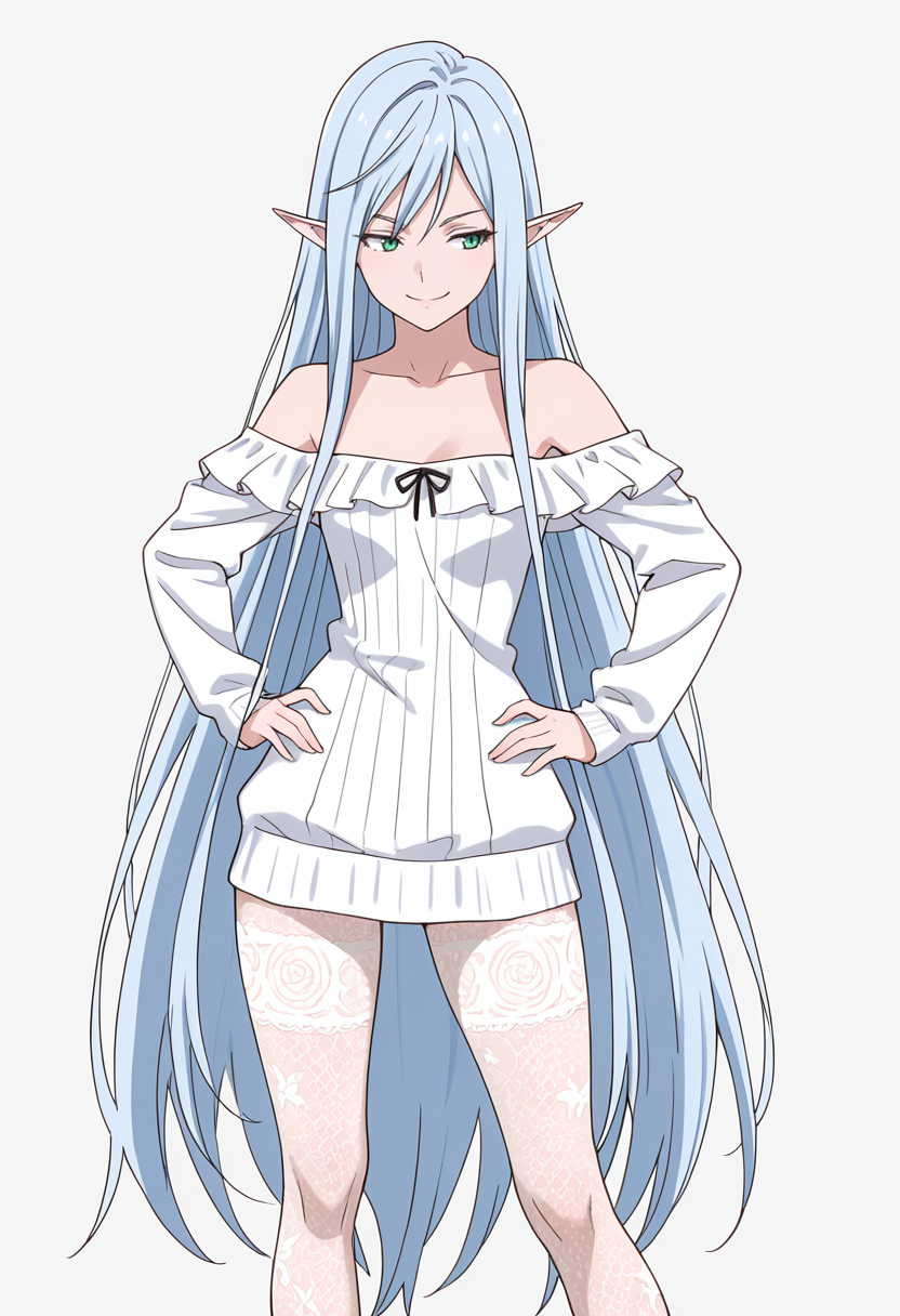 Smooth Quality,masterpiece,very intricate, high quality details, ultra realistic, high detailed skin,detailed enviorement,absurdres,
simple background, white background,
standing, hands on hips, feet apart, determined, looking forward,  ,front view,naughty face,
 <lora:El-Ru_Sarion_Elmesia_cnn:0.8> elmesiacnn,1girl, green eyes, pointy ears, blue hair, very long hair,
off-shoulder blouse,  ,pullover,,lace leggings,