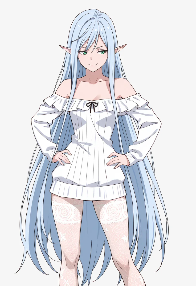 Smooth Quality,masterpiece,very intricate, high quality details, ultra realistic, high detailed skin,detailed enviorement,absurdres,
simple background, white background,
standing, hands on hips, feet apart, determined, looking forward, ,front view,naughty face,
<lora:El-Ru_Sarion_Elmesia_cnn:0.8> elmesiacnn,1girl, green eyes, pointy ears, blue hair, very long hair,
off-shoulder blouse, ,pullover,,lace leggings,