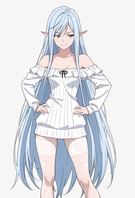 Smooth Quality,masterpiece,very intricate, high quality details, ultra realistic, high detailed skin,detailed enviorement,absurdres,
simple background, white background,
standing, hands on hips, feet apart, determined, looking forward,  ,front view,naughty face,
 <lora:El-Ru_Sarion_Elmesia_cnn:0.8> elmesiacnn,1girl, green eyes, pointy ears, blue hair, very long hair,
off-shoulder blouse,  ,pullover,,lace leggings,
