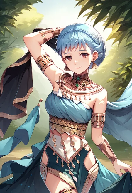 score_9, score_8_up, score_7_up, source_anime, 1girl, marianneserene, smile, closed mouth, looking at viewer, arm behind head, crown braid, dancer, blue dress, pelvic curtain, earrings, armlet, shawl, bare shoulders, outdoors <lora:fireemblem_marianne_ponyXL:1>