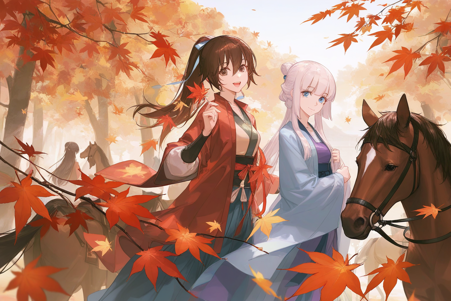 artist:ask_(askzy),artist:yolanda,[artist:WANKE],artist:ciloranko,multicolored,<lora:fenglingyuxiu-000018:0.6>,fenglingyuxiu,2girls,multiple girls,brown hair,ponytail,brown eyes,long hair,leaf,horse,autumn leaves,white hair,looking at viewer,open mouth,maple leaf,blue eyes,hair between eyes,smile,closed mouth,sidelocks,