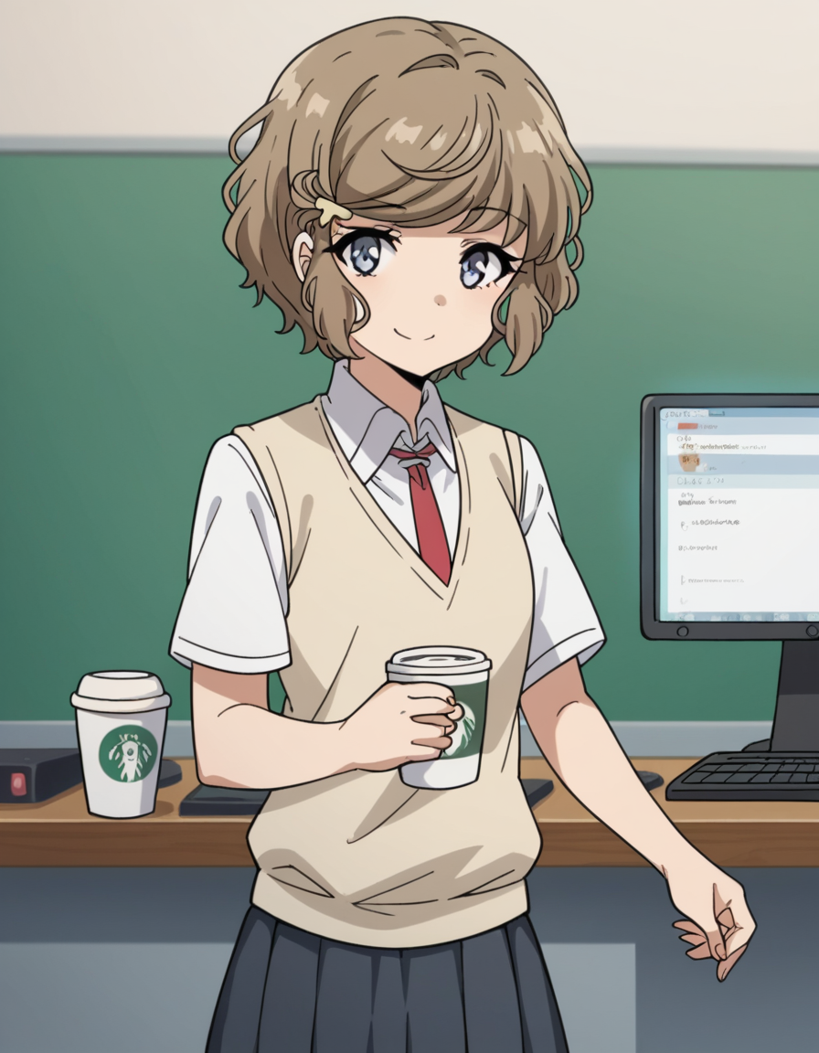 score_9, score_8_up, score_7_up, source_anime, <lora:tomoe-koga-s1-ponyxl-lora-nochekaiser:1>, tomoe koga, short hair, brown hair, blue eyes, hair clip,, skirt, shirt, school uniform, white shirt, short sleeves, pleated skirt, necktie, collared shirt, red necktie, sweater vest,, home office, working from home, computer screen, coffee cup, focus, deadline, smile, looking at viewer, solo,, cowboy shot, dutch angle