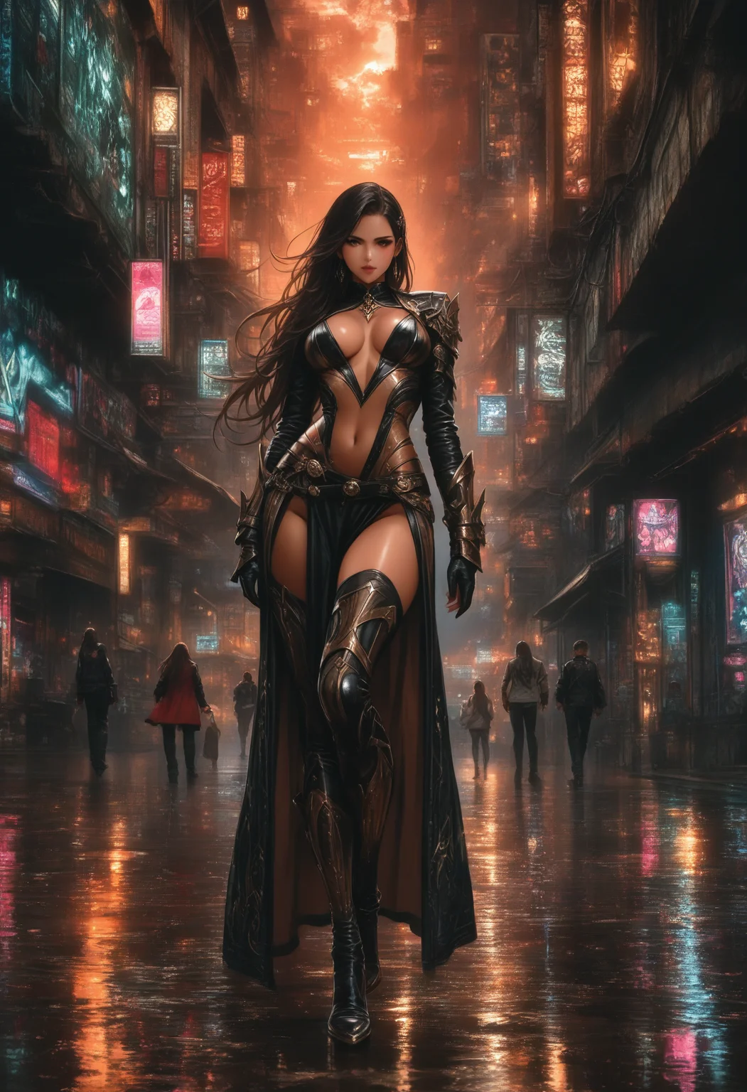 Neon noir masterpiece, high score, great score, absurdres, a woman in a gold outfit with lightning in the background and a circle of lightning behind her [18],a matte painting,<lora:Anne Stokes CLIP2-000005:1>,Anne Stokes,figurative art, . Cyberpunk, dark, rainy streets, neon signs, high contrast, low light, vibrant, highly detailed