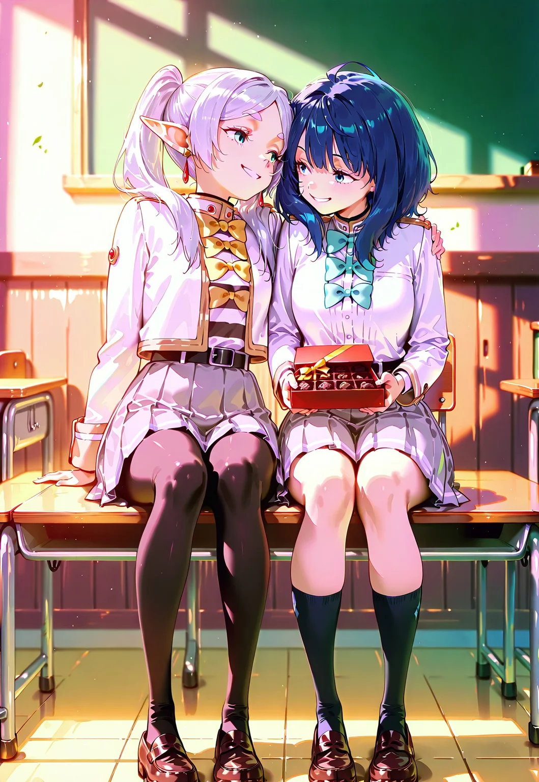score_9, score8_up, score_7_up, source_anime, masterpiece, best quality, amazing quality, 2girls, cute girls, hugging, happy, smiling, looking at each other, full of love, detailed hand, indoors, in classroom, detailed background, cinematic lighting
BREAK frieren, holding box of chocolate, white dress, white hair, tie, pantyhose, pleated skirt, grey skirt
BREAK anna-default, yanami anna, blue eyes, blue hair, medium hair, school uniform, white jacket, long sleeves, bowties, grey skirt, pleated skirt, black socks, loafers