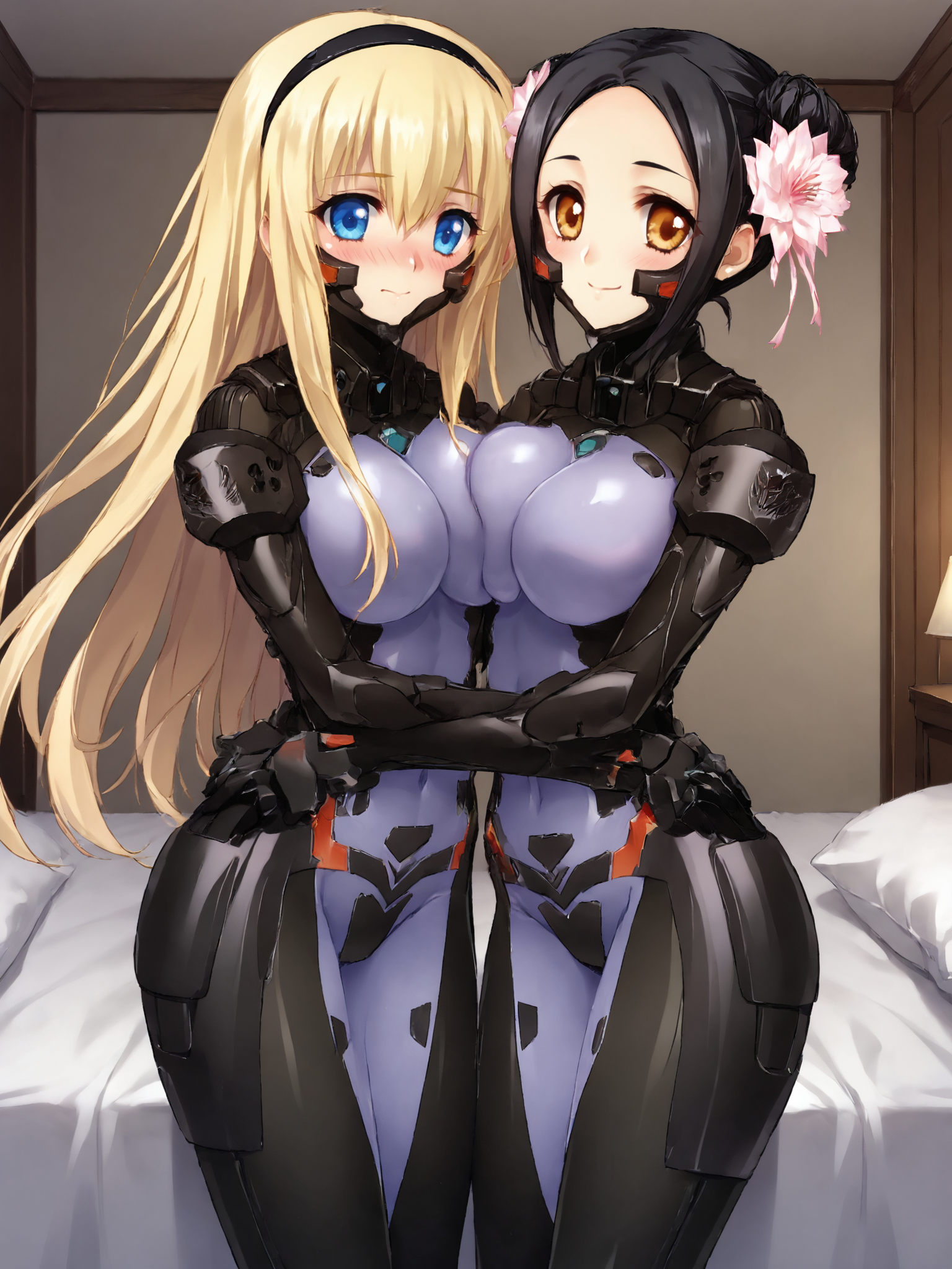 score_9, score_8_up, score_7_up, zPDXL, zPDXLpg, <lora:offset_0.2:0.1>, <lora:spo_sdxl_10ep_4k-data_lora_webui:1>, 2girls, hug, symmetrical docking, looking at viewer, indoors, bedroom, bed, schwarzesmarkenfortifiedsuit, pilot suit, impossible bodysuit, <lora:East_German_Fortified_Suit:1>, blush
irisdina bernhard, blonde hair, black hairband, hair between eyes, sidelocks, long hair, blue eyes, large breasts, embarrassed
pham thi ran, black hair, parted bangs, sidelocks, double bun, hair bun, hair flower, pink flower, lotus, brown eyes, large breasts, smile, short hair