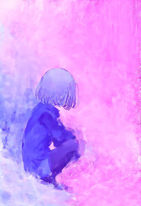 masterpiece, newest,absurdres,incredibly absurdres, best quality, amazing quality, very aesthetic, 
1girl, squatting, pink hue, blue theme, smoke,
 <lora:fuyumur4s4ki_style:1> fuyumur4s4ki_illu <lora:0__11Xx:1> 0__11Xx_illu