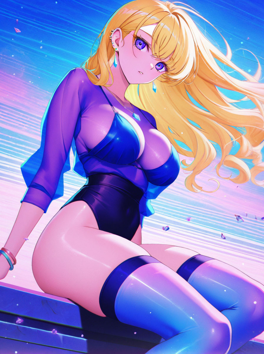 (vaporwave colors:1.3), (film grain:1.3), cinematic, 8k, (dynamic view:1.1), crystals, crystal fragments, light particles, (streaks of light:1.2), wind, (breeze:1.1), 1girl, bangs, blonde hair, curly hair, long hair, (hair behind ear), (violet eyes:1.1), jewelry, necklace, (ear piercings:1.2), earrings, bracelets, large_breasts, saggy_breasts, slim_waist, (slim:1.1), looking at viewer, see-through, sitting, solo, thick thighs, thighhighs