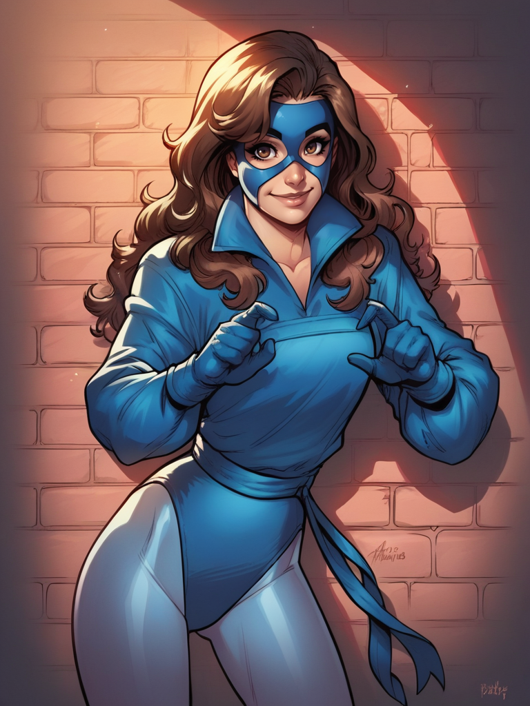 score_9, score_8_up, score_7_up, 1girl, leaning forward, sexy, dynamic pose, smile, cute pose, solo, detailed background, looking at viewer, wide shot, cowboy shot, (v:1.1), brick wall, industrial pipe, smoke around, from below, 
 <lora:KittyPryde_character:1>, KittyPryde, brown hair, long hair, brown eyes, makeup, blue leotard, bodysuit, pantyhose, mask, puffy sleeves, long sleeves, gloves, sash,