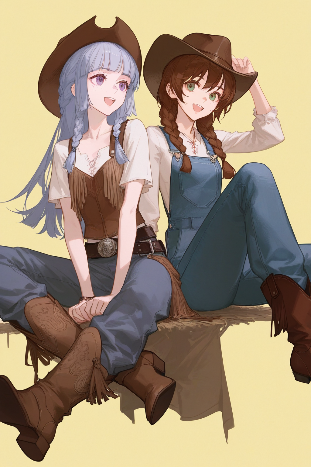 artist:ask_(askzy),artist:yolanda,[artist:WANKE],artist:ciloranko,multicolored,<lora:fenglingyuxiu-000018:0.6>, -fenglingyuxiu, cowboy hat, boots, hat, sitting, braid, brown footwear, brown hair, twin braids, overalls, multiple girls, smile, shirt, 2girls, brown headwear, simple background, open mouth, cowboy boots, white shirt, pants, yellow background, belt, cowboy western, freckles, long hair, blue hair, grey hair, :d