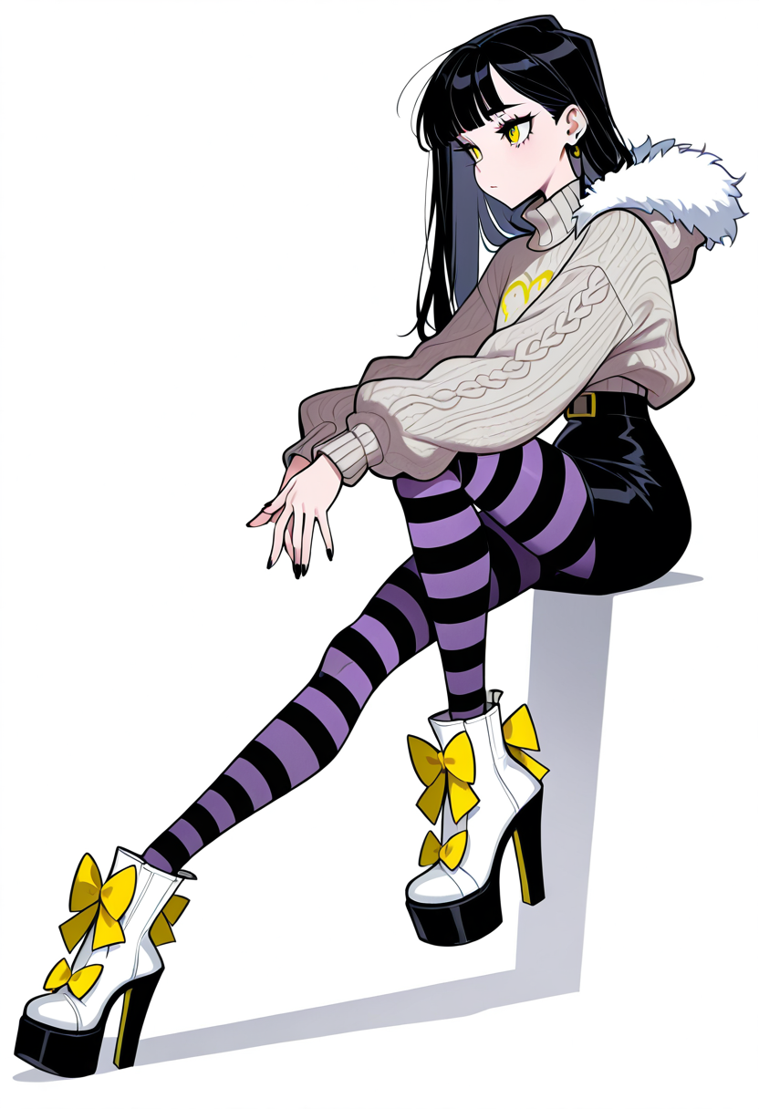 masterpiece, best quality, 1girl, solo, eyelashes, (beautiful eyes),    C0utur3Cr4z3, 1girl, solo, skirt, simple background, shirt, long sleeves, white background, bow, standing, full body, pantyhose, shoes, striped, black skirt, nail polish, high heels, sweater, fur trim, white footwear, own hands together, black nails, yellow bow, striped bow, striped pantyhose, footwear bow, purple pantyhose,  sitting, knee up,  <lora:Style60_IXL:1.0>,