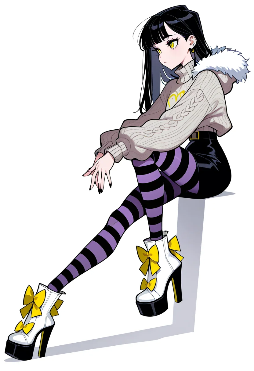 masterpiece, best quality, 1girl, solo, eyelashes, (beautiful eyes), C0utur3Cr4z3, 1girl, solo, skirt, simple background, shirt, long sleeves, white background, bow, standing, full body, pantyhose, shoes, striped, black skirt, nail polish, high heels, sweater, fur trim, white footwear, own hands together, black nails, yellow bow, striped bow, striped pantyhose, footwear bow, purple pantyhose, sitting, knee up, <lora:Style60_IXL:1.0>,