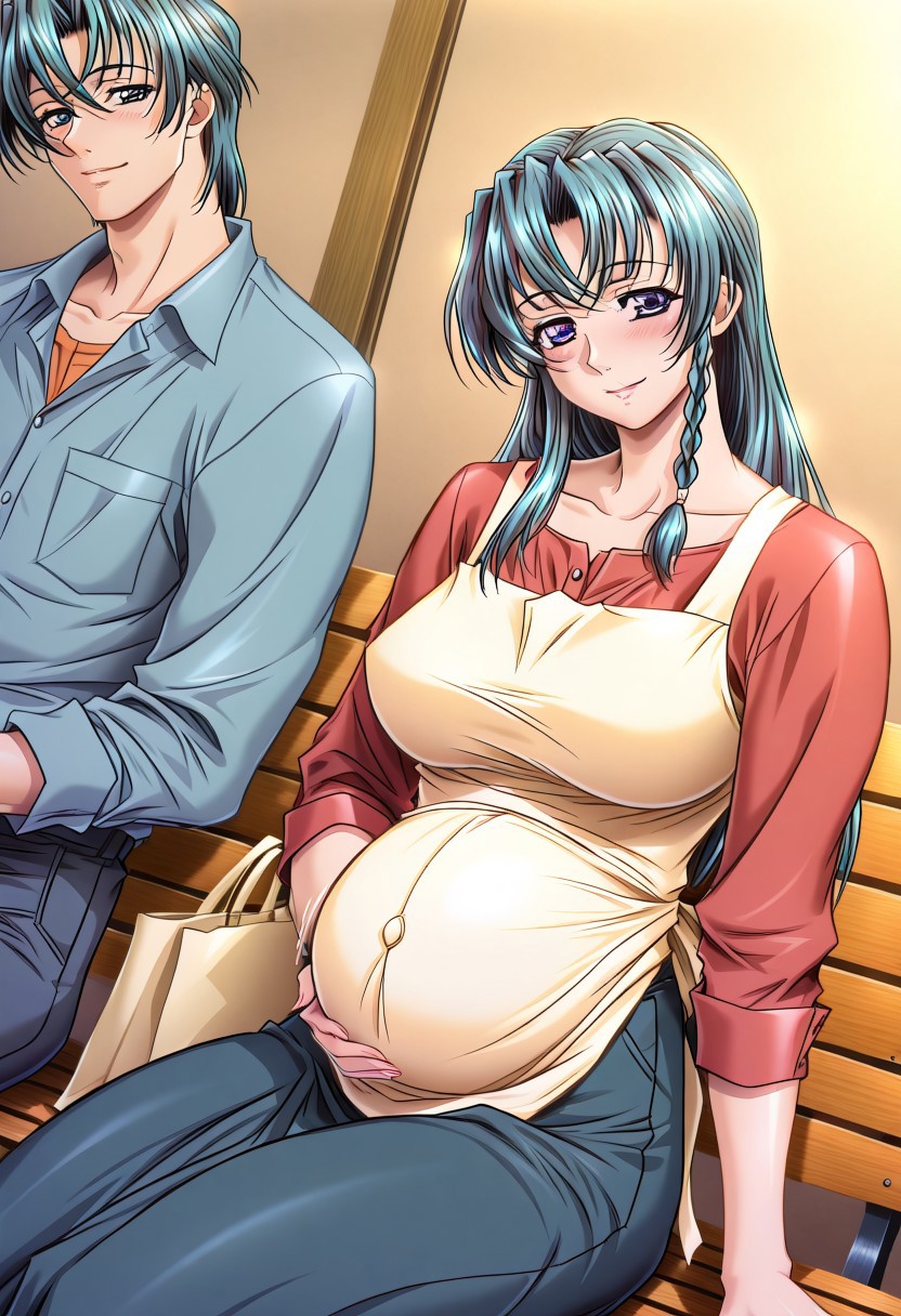 masterpiece, best quality, newest, highres, uncensored, 1girl, yokota mamoru style,motion lines,1girl,Kisaragi Shizuka,Long hair,Teal hair,Tiny Braid,Violet eyes,large breasts,,  hpregnant, 1girl, mother and son, family, 1boy, mature female, bench, blush, smile, bag, sitting, cowboy shot,  dutch angle,