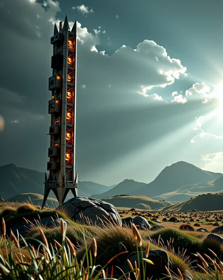 (_2 Neon noir:-0.250) (_1 Advertising poster style:1.0) (_1 analog film photo:1.0) (_1 breathtaking:1.0) (foggy desatured faded Backlit photograph:1).
(at the left In the distance a very tall golden chrome roted totem with sharp notches and small electronic lights and electronic devices on it in the shape like small diatomsdiatom:2).
(In a shady landscape of empty moorland with some low grassy hills:1).
(There are also tall wild grasses and some rushes bending in the wind:2).
aidmaHyperrealism. <lora:aidmaHyperrealismv0.3:0.5> <lora:flux_abyss:0.62> <lora:Flux_DetailsNature_epoch_5:1> <lora:Flux_DetailsArchitecture_epoch_5:0.25> <lora:Flux_FuturArchitecture_epoch_5:0.26><lora:Flux_DetailsRock_epoch_5:-0.25>, LOW KEY photography, dramatic lighting, deep shadows, rich contrast, moody atmosphere, intense emotions, cinematic feel, mysterious ambiance, emphasizing shape and form, creating depth, evoking drama, storytelling through shadows, professional technique, LANDSCAPE PHOTOGRAPHY, vast vistas, natural beauty, dynamic compositions, captivating scenery, immersive, serene.((award-winning, professional, highly detailed, high resolution, masterpiece):1.0).((faded film, desaturated, 35mm photo, grainy, vignette, vintage, Kodachrome, Lomography, stained, highly detailed, found footage):1.0).((Professional, modern, product-focused, commercial, eye-catching, highly detailed):1.0).((Cyberpunk, dark, rainy streets, neon signs, high contrast, low light, vibrant, highly detailed):-0.250)