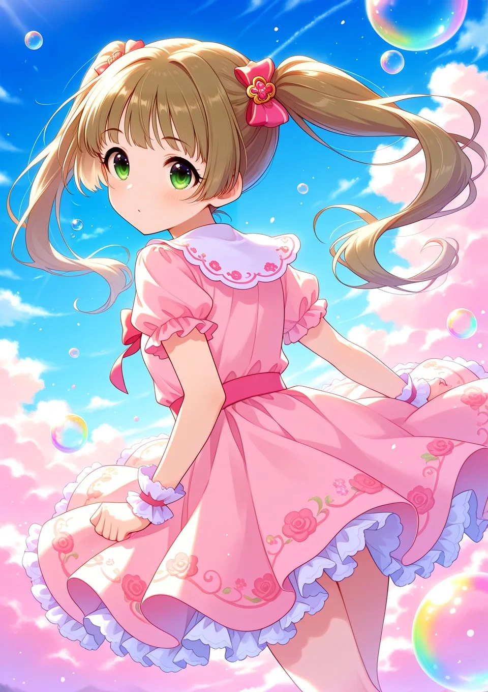 sfw, general,
<lora:Yokoyama_Chika_Cinderella:0.9>, Yokoyama_Chika_Cinderella, long hair, twintails, brown hair, hair ornament, green eyes,
idolmaster, idolmaster cinderella girls, pink dress, floral embroidery dress, pastel colors, colorful, blue sky,
<lora:soap-bubble-fantasy-04:0.7>, soap bubble background fantasy, rainbow bubbles,
<lora:on_cloud_v1_illustrious_d:0.7>, on_cloud, cloud,, BREAK
masterpiece, best quality, amazing quality, very aesthetic, absurdres, newest,
<lora:Eyes_High_Definition:0.6>, eyesHD, high gradient eyes, detailed eyes, high definition eyes,
<lora:LECO_Particles:1>,
BREAK, <lora:brightness_slider:-0.5>,, general, from behind, looking back, dutch angle, dynamic pose,