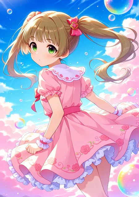 sfw, general,
<lora:Yokoyama_Chika_Cinderella:0.9>, Yokoyama_Chika_Cinderella, long hair, twintails, brown hair, hair ornament, green eyes,
idolmaster, idolmaster cinderella girls, pink dress, floral embroidery dress, pastel colors, colorful, blue sky,
<lora:soap-bubble-fantasy-04:0.7>, soap bubble background fantasy, rainbow bubbles,
<lora:on_cloud_v1_illustrious_d:0.7>, on_cloud, cloud,, BREAK
masterpiece, best quality, amazing quality, very aesthetic, absurdres, newest,
<lora:Eyes_High_Definition:0.6>, eyesHD, high gradient eyes, detailed eyes, high definition eyes,
<lora:LECO_Particles:1>,
BREAK, <lora:brightness_slider:-0.5>,, general, from behind, looking back, dutch angle, dynamic pose,