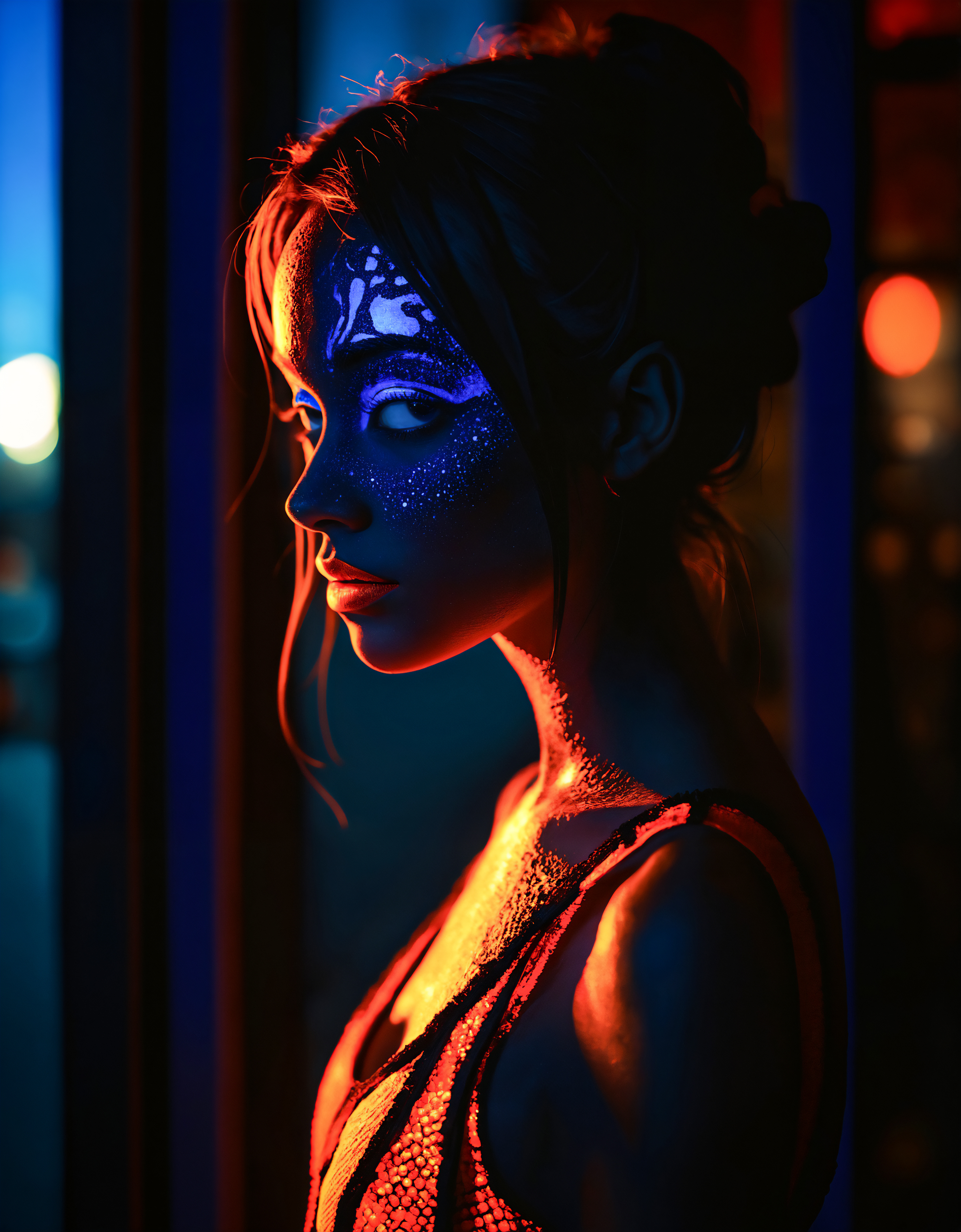 zavy-flrscnc, fluorescent, glowing dust, fluorescent dust, fluorescent spraypaint, fluorescent grain, dust, cinematic film still of a silhouette photo of a mosaic princess looking at camera in a dark street at blue night with her face casting window curtain shadow style, photorealistic, 100mm f/2.8 macro lens,