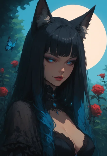 score_9, score_8_up, score_7_up, solo,
1foxgirl, medium breasts, blue eyes, slit pupils, long hair, ((black hair), blue hair, multicolored hair, fox ears, fox tail), masacra, eyeshadow, rose lipstick, mole, detailed eyes,
scenery, smug smile, victorian dress, gardenhouse, flower, butterfly, sun,
<lora:g0th1cPXL:0.5>, <lora:Sinozick_Style_XL_Pony:0.8>, <lora:Expressive_H:0.3>, <lora:cutesexyronutts_style_xl:0.8>, <lora:GLSHS-3e:0.3>