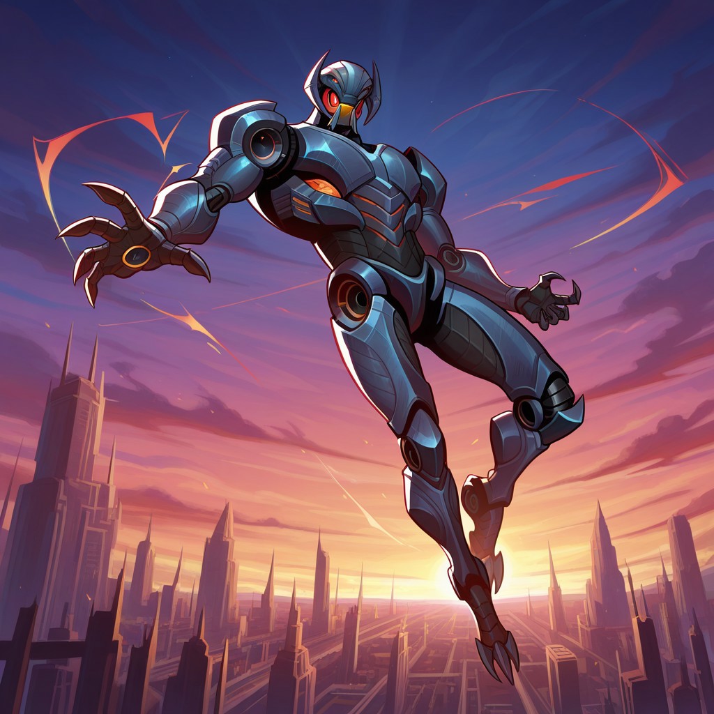 masterpiece, best quality, amazing quality, very aesthetic, absurd res, newest BREAK male, 1boy, solo, ultr0n, robot, red eyes, full body, flying, dynamic pose