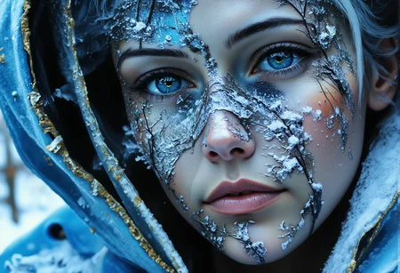aidmaMJ6.1, darkcore, Jeddblexpsre,double exposure, ethereal. A close-up shot of a breathtaking young womanâs face, where her facial features are softly blended with an ethereal overlay of snow-covered trees . Her piercing blue eyes and delicate skin textures are visible through the translucent silhouette of the forest, creating a dreamy, surreal double exposure effect. The icy crystals on the hood of her light blue medieval cloak merge harmoniously with the natural elements. The soft lighting highlights both the woman and the superimposed scene, while shadows and highlights enhance the depth, giving the composition a balanced, thought-provoking appearance., <lora:FluxDFaeTasticDetails.safetensors:1.0:1.0> <lora:aidmaMJ6.1-FLUX-V0.2.safetensors:1.0:1.0> <lora:Flux DoubleExposure_epoch_1.safetensors:1.0:1.0> <lora:NebulaNexus_v1.safetensors:0.7000000000000001:0.7000000000000001>