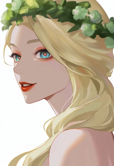 masterpiece, best quality, very aesthetic, high resolution, ultra-detailed, absurdres, newest, extremely detailed eyes, NEWTRVL_ST, 1girl, bare shoulders, breasts, eye focus, head wreath, lipstick, long hair, looking at viewer, makeup, medium breasts, parted lips, simple background, smile, solo, white background, wreath