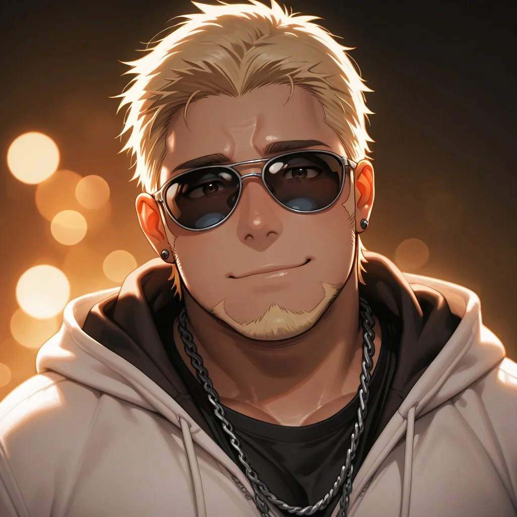masterpiece, best quality, amazing quality, absurdres, newest, detailed background, definition so sharp, Ultra-HD, 8K cinematic, very awa, impressionate, amazing quality, highres,
solo, male focus, manly, shadow, shiny skin, bokeh, warm light, light particle, looking at viewer,
1boy, short hair, goatee, chubby, sunglasses, earrings, sideburns, rikiokamamoto, rikio_blonde, rikio_brown eyes, white hoodie, chain necklace, black shirt,
smile, gentle, looking at viewer