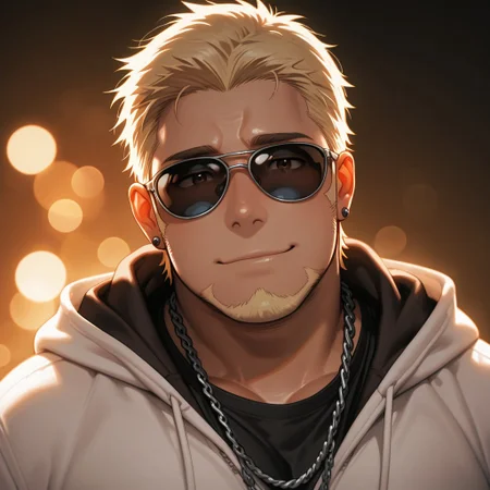masterpiece, best quality, amazing quality, absurdres, newest, detailed background, definition so sharp, Ultra-HD, 8K cinematic, very awa, impressionate, amazing quality, highres,
solo, male focus, manly, shadow, shiny skin, bokeh, warm light, light particle, looking at viewer,
1boy, short hair, goatee, chubby, sunglasses, earrings, sideburns, rikiokamamoto, rikio_blonde, rikio_brown eyes, white hoodie, chain necklace, black shirt,
smile, gentle, looking at viewer