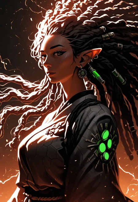 score_9, score_8_up, score_8, female, cel-shading, backlit, delicate features, very long hair, (dreadlocks), upper body, big breasts, techwear, cyborg, pointy elf ears, multiple ear piercings, techwear, dynamic pose, freckles, tan, colorvsgrey, monochrome, green glowing machine parts, hair oranments, kimono, electrical arcs,