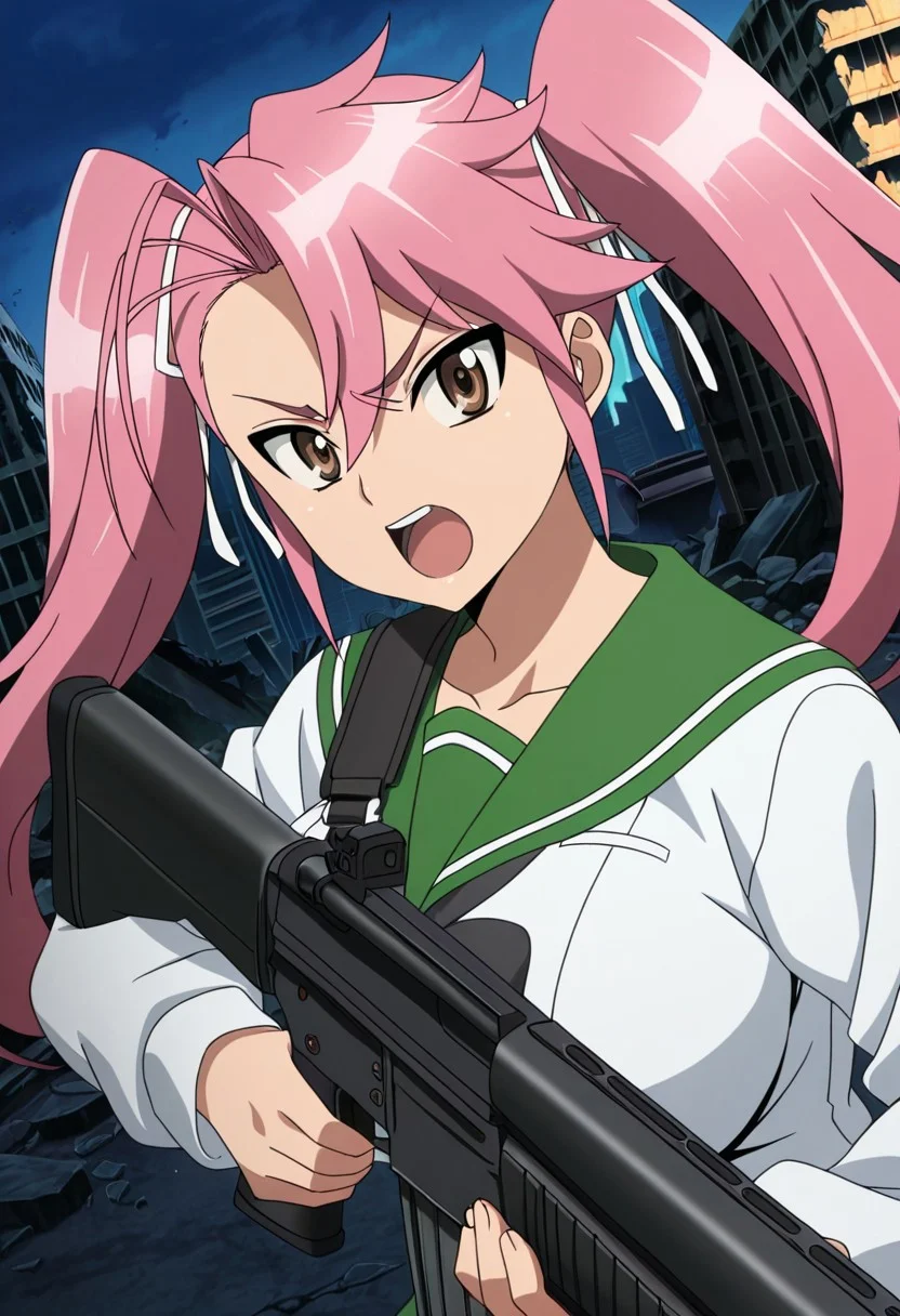 general,highres, ultra-detailed,very aesthetic,best quality ,best hands,best eyes,easynegative,
dynamic anglre, dutch angle, anime cloring,anime screencap,
1girl solo,looking at viewer,city,holding rifle,open mouth, fighting, ruins,
Saya Takagi,pink_hair, long twintails, hair ribbon, white ribbon, brown_eyes, huge_breasts,serafuku