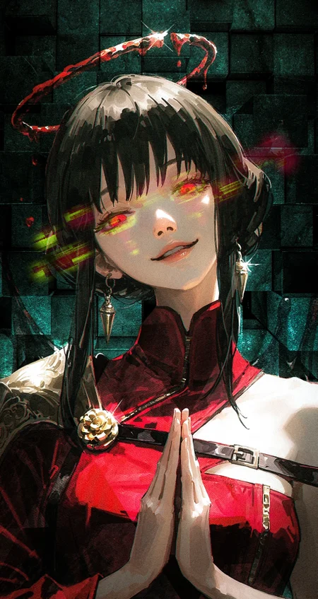 (by kukka:0.7), (by kabuyama kaigi:0.8), (by narue:0.5), 
(glint theme:1.2), crazy eyes, 
1girl, portrait,  looking at viewer, (makima \(chainsaw man\):0.7), (yor briar:0.1), (kafka \(honkai: star rail\):0.45),  solo, (fisheye:1.2), (head tilt:1.2), half-closed eyes, smug,  own hands together, saint, red halo above head,  praying, melting halo, melting background, dark green background,  nose, lips, high collar, shoulder armor, 
cinematic, realistic, red dress, single strap, 
very awa, best quality, highres, masterpiece,
<lora:nhl-001-20:0.3> nhl-001, <lora:nhl-002-nai:0.5> nhl-002,  <lora:klskx-noobai-xl:0.6>  klskx,
