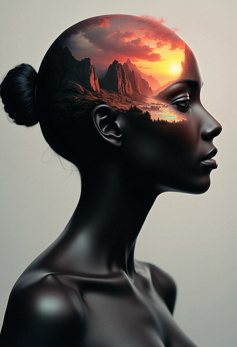 Side profile of a female figure with smooth, shiny, black skin. Her head is semi-transparent, revealing an internal landscape. The landscape features rocky mountains, dense clouds, and a glowing sunset. The sunset reflects red, orange, and yellow hues onto the figureâs face. The internal scene includes a small forest and fiery textures in the background. The figure's hair is tied in a sleek bun. The overall style is hyper-realistic with surreal elements. The lighting is soft, highlighting the reflection of the sunset on her face and emphasizing the surreal fusion of human and nature.  <lora:FluxDFaeTasticDetails:0.8> <lora:aidmaImageUpgrader-FLUX-V0.1:0.33> detailmaximizer,