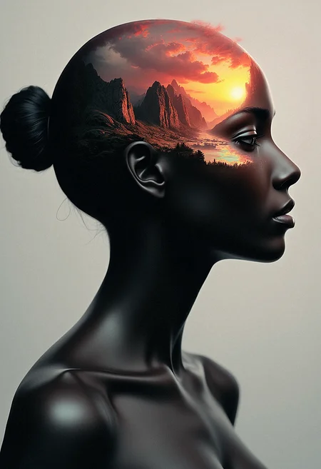 Side profile of a female figure with smooth, shiny, black skin. Her head is semi-transparent, revealing an internal landscape. The landscape features rocky mountains, dense clouds, and a glowing sunset. The sunset reflects red, orange, and yellow hues onto the figureâs face. The internal scene includes a small forest and fiery textures in the background. The figure's hair is tied in a sleek bun. The overall style is hyper-realistic with surreal elements. The lighting is soft, highlighting the reflection of the sunset on her face and emphasizing the surreal fusion of human and nature. <lora:FluxDFaeTasticDetails:0.8> <lora:aidmaImageUpgrader-FLUX-V0.1:0.33> detailmaximizer,