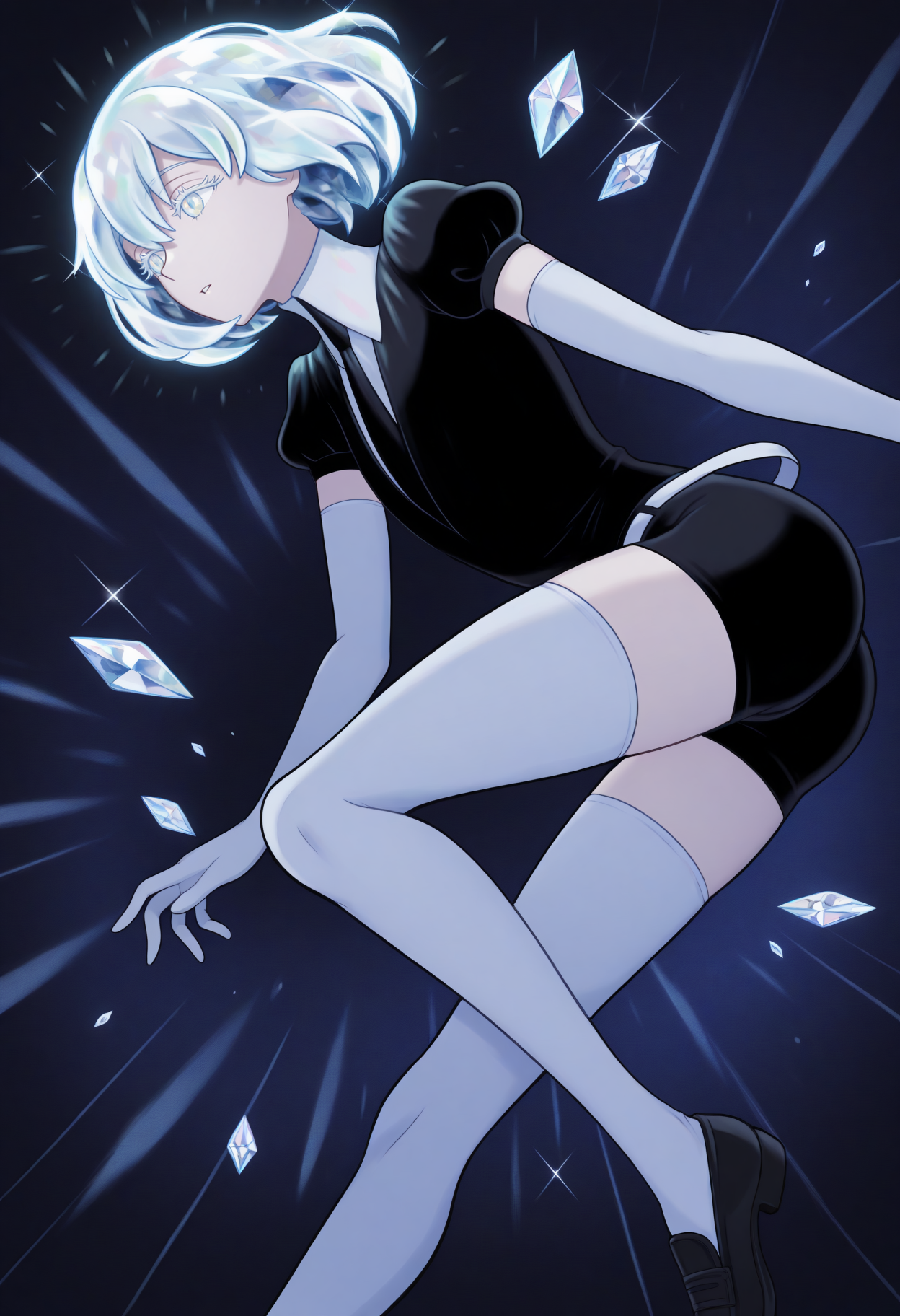 masterpiece, best quality, 1other, d1am0nd, white skin, crystal hair, colored eyelashes, multicolored eyes, multicolored hair, short hair, hair between eyes, black shirt, puffy short sleeves, white collared shirt, black necktie, elbow gloves, white gloves, black shorts, white belt, white thighhighs, black footwear, looking to the side, parted lips, eyelashes, dark theme, abstract background, crystal, diamond \(shape\), gem, diamond \(gemstone\), game cg, gacha splash, <lora:Hoseki_LandOfTheLustrous_Diamond_IllustriousXL_v1:1>