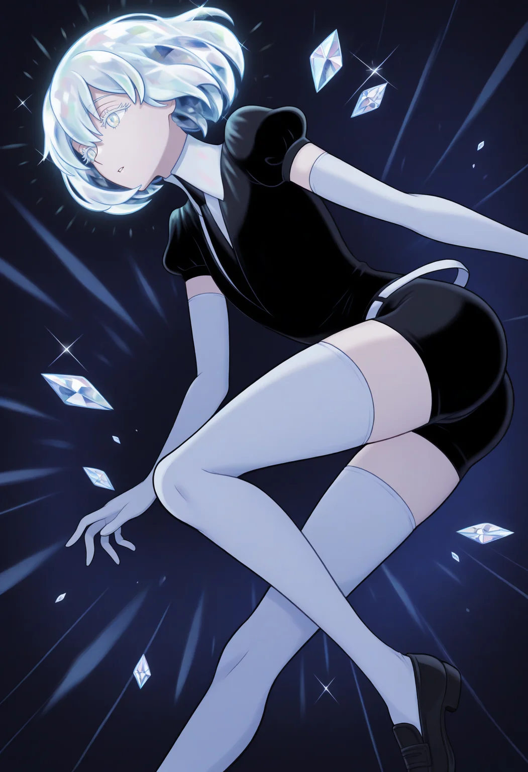 masterpiece, best quality, 1other, d1am0nd, white skin, crystal hair, colored eyelashes, multicolored eyes, multicolored hair, short hair, hair between eyes, black shirt, puffy short sleeves, white collared shirt, black necktie, elbow gloves, white gloves, black shorts, white belt, white thighhighs, black footwear, looking to the side, parted lips, eyelashes, dark theme, abstract background, crystal, diamond \(shape\), gem, diamond \(gemstone\), game cg, gacha splash, <lora:Hoseki_LandOfTheLustrous_Diamond_IllustriousXL_v1:1>