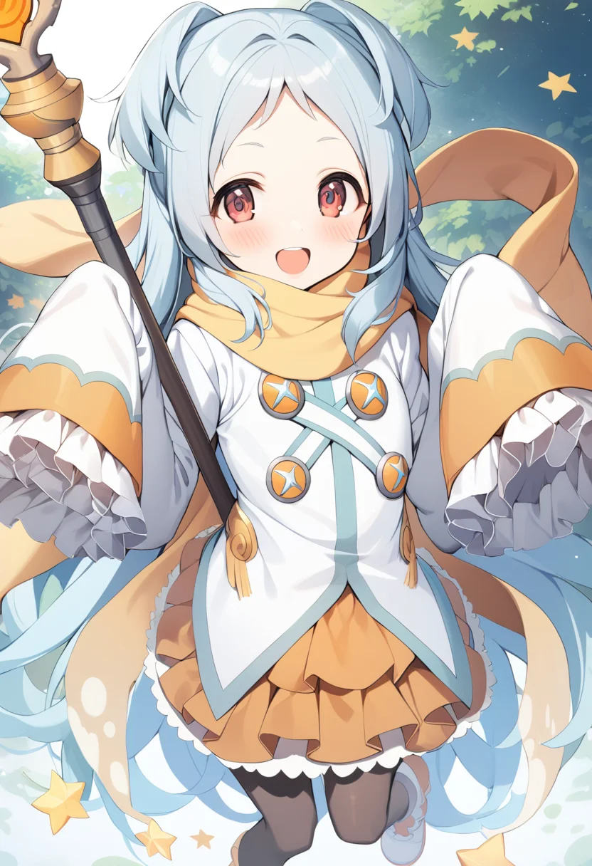 1girl, miyako \(princess connect!\), pantyhose, solo, smile, long hair, sleeves past wrists, blush, scarf, sleeves past fingers, long sleeves, red eyes, looking at viewer, blue hair, staff, black legwear, wide sleeves, skirt, brown scarf, orange skirt, shoes, holding, two side up, frills, eyebrows visible through hair, holding staff, dress, striped bow, striped, white footwear, very long hair, jacket, frilled sleeves, brown eyes, brown legwear, white shirt, parted bangs, brown skirt, white jacket, white dress, bow, orange scarf, shirt, star \(symbol\), hair intakes, boots, yellow scarf, teeth, thigh gap, open mouth, silver hair, hands up, pleated skirt, :d, ribbon, forehead, layered skirt, frilled dress, white ribbon, fringe trim, outdoors, masterpiece, best quality <lora:miyako_princess_connect_sdxl_v1:0.7>