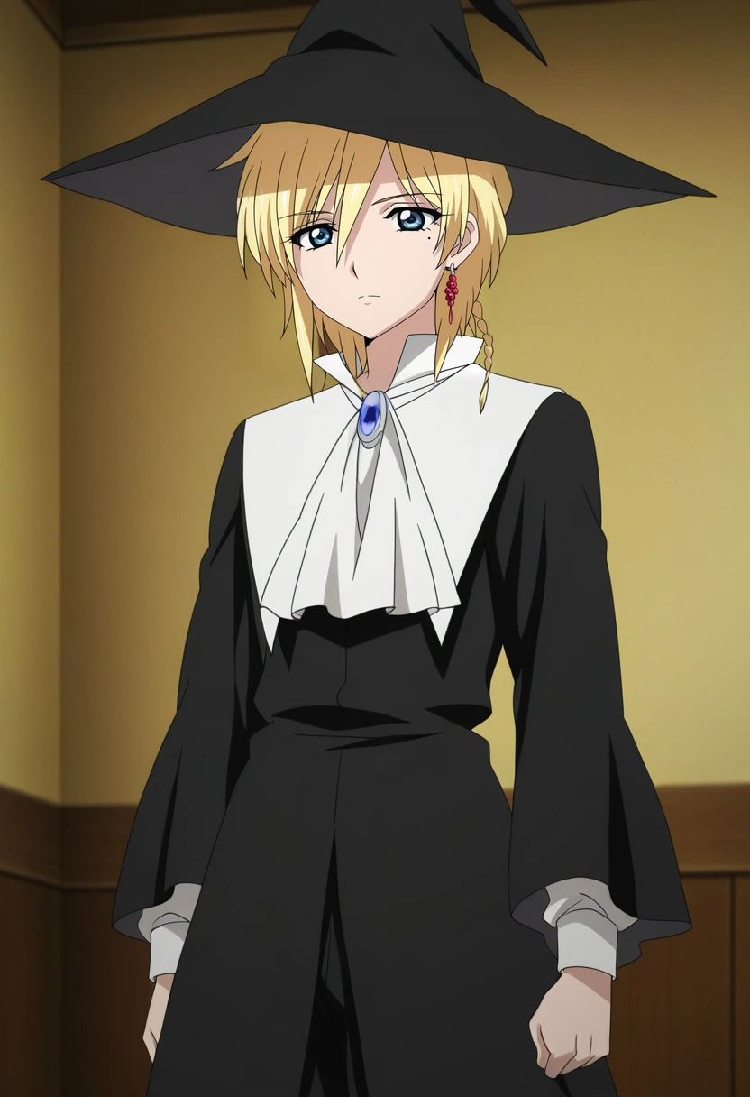 masterpiece, best quality, anime screencap, official style, anime coloring, cowboy shot, 1boy, solo, male focus, <lora:titus_alexius_ilxl:0.94>, titus_alexius, blonde hair, blue eyes, short hair, braid, mole, mole under eye, earrings, witch hat,