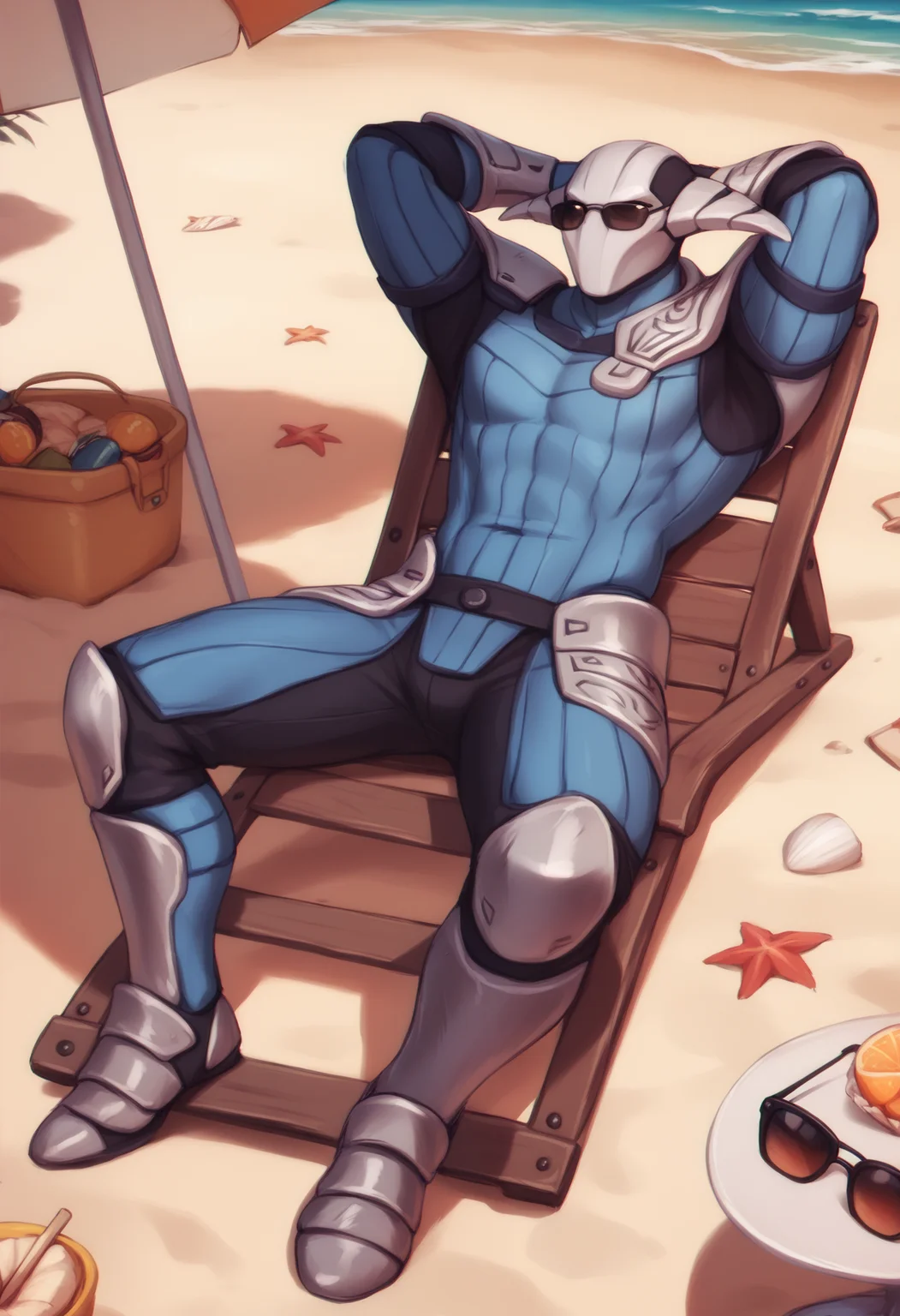 score_9, score_8_up, score_7_up, score_6_up, score_5_up, score_4_up, source_anime, (1boy, solo, lying back, hands behind head), BREAK
rating_safe, full body, beach, ocean, folding chair, umbrella, sunglasses, <lora:PersonalAmi_PonyXL:1>,
svenpdxl, mask, male, blue armor, shoulder armor, gloves, legs, piggyback, grabbing legs, <lora:SvenTheRogueKnight:0.65>
