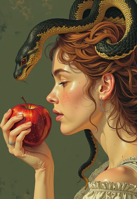 Semi realistic, stunning beautiful, masterpiece, raw quality, best quality, extremely detailed.A profile portrait of Eve, poised to bite into a red apple, with the serpent coiled around her head, whispering in her ear. The background is a flat, muted color in the style of medieval paintings, emphasizing the symbolic nature of the scene. The serpent's scales glisten subtly, while Eve's expression is conflicted, torn between temptation and hesitation. The lighting is soft and natural, with a focus on the intricate details of Eveâs face and the serpent, creating a classical yet emotionally charged composition.
<lora:ARTifacts:0.6> art1fact <lora:fantastic-realism:0.8> f4nt4st1c