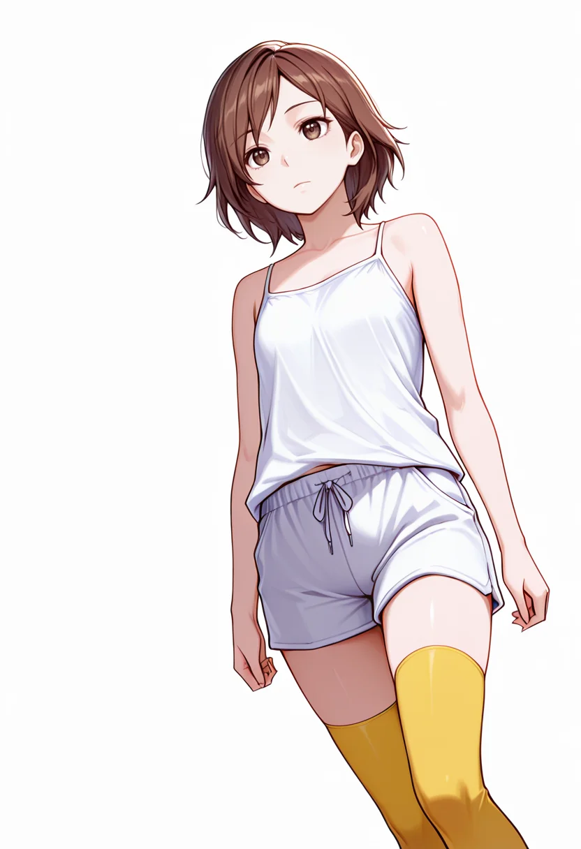 masterpiece,high quality details, absurdres,colorful,
<lora:Hiro_Kurusu_V2:0.8> hiro_cnr, 1girl, brown hair, short hair, brown eyes, aged down,, simple background, white background, dynamic angle,solo,, lonely,expressionless,, dress shirt,camisole,sweatpants, ,yellow thighhighs,