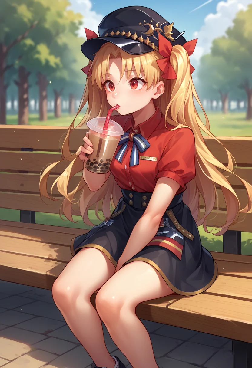score_9, score_8_up, source_anime, EreshkigalSameSky, two side up, hair ribbon, peaked cap, red shirt, striped bow, black skirt, outdoors, sitting, on bench, drinking, sipping, straw, bubble tea, <lora:CHAR-EreshkigalPonyXL:1>
