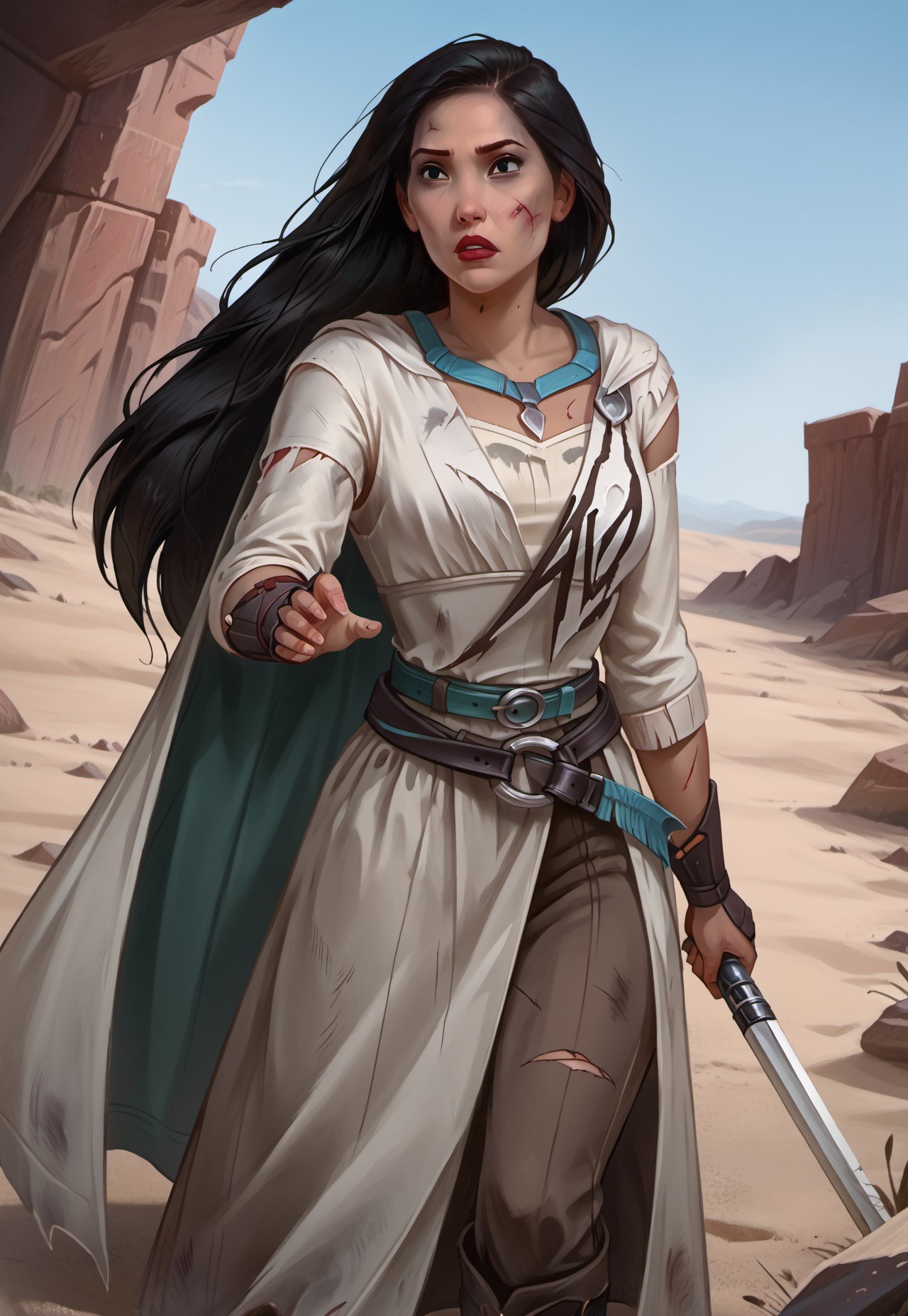 safe_pos, ((zPDXL3)), OZRN, digital art, score_9,score_8_up,score_7_up,score_6_up, face focus, waist-up portrait, absurdres, masterpiece, high res, detailed, 
1girl, solo, (((DisneyPocahontas, 1girl, black hair, black eyes, long hair, dark skin))), (d4rkr3v4n4rm0r, white robe, cape, hood down, breastplate, gauntlets, belt, pants, belt boots), (holding lightsaber, green lightsaber), calm expression, makeup, beautiful woman, action pose,
BattleDamage, cuts, bruises,
in danger, distressed, alarmed, (combat stance), 
dramatic, danger, dutch angle, dof, sand desert background, perfect, Hand, detailed, perfection, hands, 
<lora:bastilashan:1> <lora:Battle_Damage:0.3> <lora:hand 4:0.5>