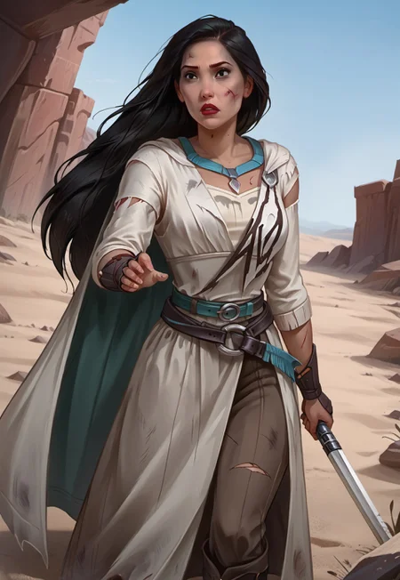 safe_pos, ((zPDXL3)), OZRN, digital art, score_9,score_8_up,score_7_up,score_6_up, face focus, waist-up portrait, absurdres, masterpiece, high res, detailed,
1girl, solo, (((DisneyPocahontas, 1girl, black hair, black eyes, long hair, dark skin))), (d4rkr3v4n4rm0r, white robe, cape, hood down, breastplate, gauntlets, belt, pants, belt boots), (holding lightsaber, green lightsaber), calm expression, makeup, beautiful woman, action pose,
BattleDamage, cuts, bruises,
in danger, distressed, alarmed, (combat stance),
dramatic, danger, dutch angle, dof, sand desert background, perfect, Hand, detailed, perfection, hands,
<lora:bastilashan:1> <lora:Battle_Damage:0.3> <lora:hand 4:0.5>