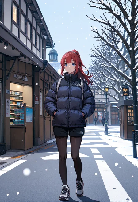 cowboy body shot,1girl,solo,intense crimson hair,long hair,ponytail,bangs,beautiful eyes,blue eyes,tnf_nuptse,the north face white nuptse puffer jacket, hands in pockets, jacket,shorts,leggings,sneakers,hands in pocket,harajukueki, storefront, real world location, outdoors, tree, street, road, scenery, sky, lamppost, building, crosswalk, pavement, blue sky, vanishing point,snowing,snow,masterpiece,best quality,ultra detailed, <lora:pufferdown_tnf_nuptse:0.6>, <lora:add-detail-xl:1>, <lora:harajuku_eki_SDXL_1.0_V1:0.8>