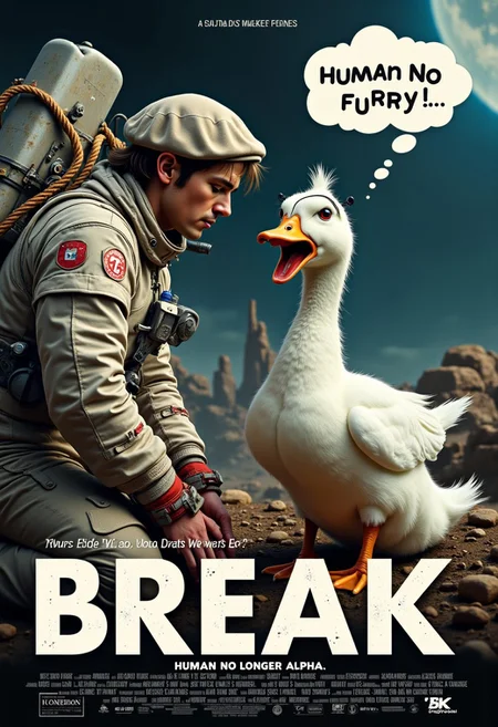 In the space station, near an interstellar vessel, Full body of An handsome Astronaut wearing ripped astronaut outfit with oxygen cylinder behind his back, messy hair blown back by the wind, he kneeling on the ground, his face facing to the ground, submitting to the duck in front of him, his wrist bounded by rope,
BREAK,
full body of a white duck with golden beak and claws wearing painter beret hat and diamond expert glasses, standing with arrogant expression in front of the Astronaut, its cute little red tongue sticking out, when it opens its beak while raising the leather whip high up, a thought bubble above the duck's head which said "Feel My Furry!! kwek, kwek, kwek..."
BREAK
movie poster parody, masterpiece, best quality, ultra-detailed, ultra realistic, 8k, RAW photo, perfect composition, perfect colors, colorful, clear photo, surreal, incredible lifelike, highest resolution, uncanny realism, immaculate micro-details, professional photography, analog photo, shot on Canon EOS 5D VI, Fujicolor Pro, radiant god rays, dreamy haze, Photographers collaboration by Oleg Oprisco and Tim Walker, view from distance, view from distant, dynamic angles,
BREAK
(for the movie title on below, the text says "Human No Longer Alpha":1.6), (ensure the text perfectly correct and accurately written:1.3), mvpstrCE style, aidmatextimprover,
